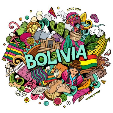 Bolivia hand drawn cartoon doodle illustration. Funny Bolivian design. Creative raster background. Handwritten text with Latin American elements and objects. Colorful composition clipart