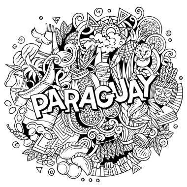 Paraguay hand drawn cartoon doodle illustration. Funny local design. Creative raster background. Handwritten text with Latin American elements and objects. clipart