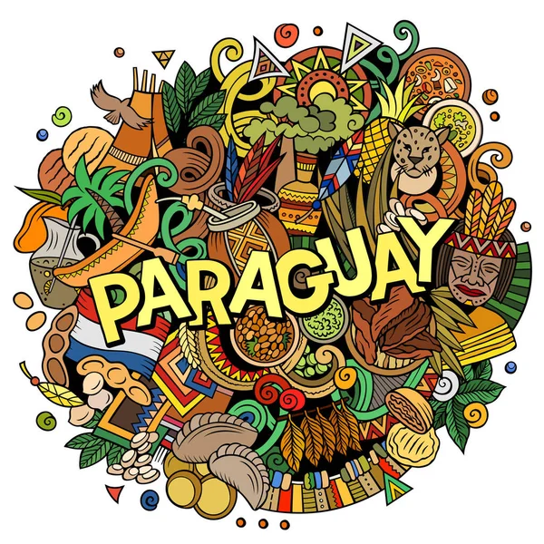 Paraguay hand drawn cartoon doodle illustration. Funny local design. Creative raster background. Handwritten text with Latin American elements and objects. Colorful composition