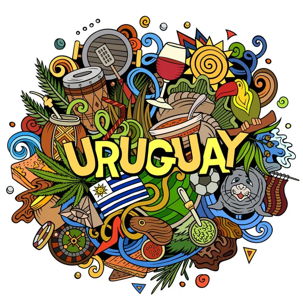 Uruguay hand drawn cartoon doodle illustration. Funny local design. Creative raster background. Handwritten text with Latin American elements and objects. Colorful composition