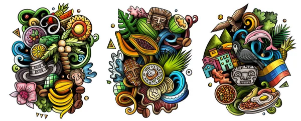 Colombia Dibujos Animados Raster Doodle Designs Set Coloridas Composiciones Detalladas — Foto de Stock