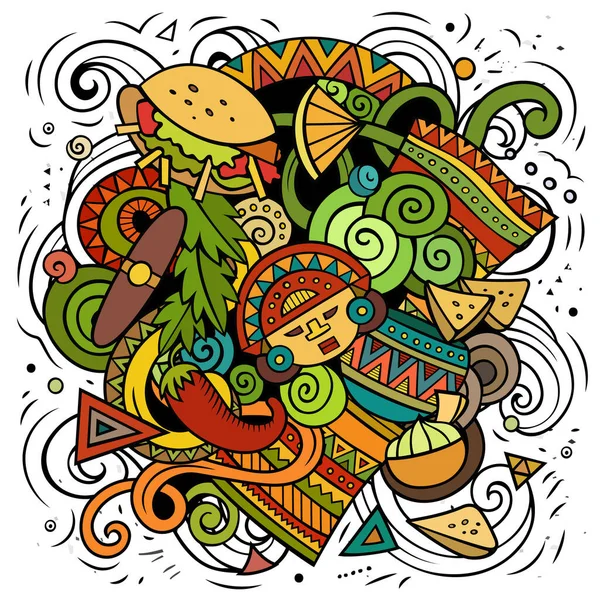 墨西哥卡通光栅涂鸦插图 五颜六色的精美构图 有许多墨西哥的物体和符号 — 图库照片