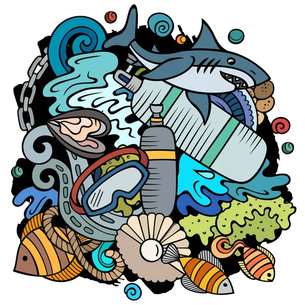 Diving Cartoon Raster Doodles Illustration Water Sports Elements Objects Background — Stock Photo, Image