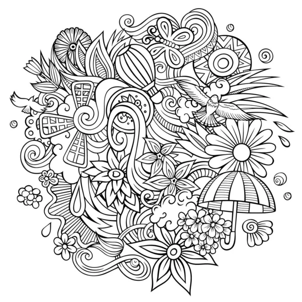 Frühling Handgezeichnete Zeichentrickkritzelillustration Lustiges Saisonales Design Kreative Kunst Vektor Hintergrund — Stockvektor