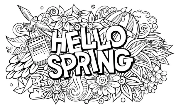 こんにちは春の手描きの漫画の落書きイラスト 面白い季節のデザイン 創造的なアートベクトルの背景 自然要素とオブジェクトと手書きのテキスト — ストックベクタ