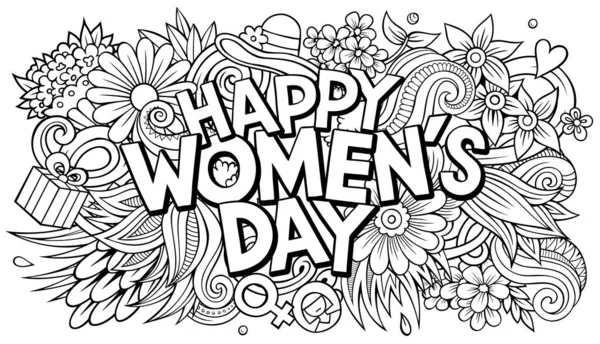 Happy Womans Ημέρα Χέρι Ζωγραφισμένα Κινούμενα Σχέδια Doodles Εικόνα Αστείο — Διανυσματικό Αρχείο