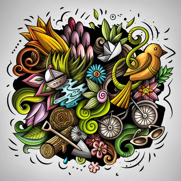 春の手描き漫画のドアイラスト 面白い季節のデザイン 創造的なアートベクトルの背景 自然の要素とオブジェクト カラフルな構図 — ストックベクタ