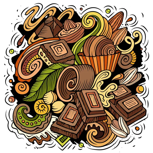 巧克力手绘矢量涂鸦图解 巧克力海报的设计 甜蜜的元素和物体卡通背景 明亮的颜色有趣的图片 — 图库矢量图片