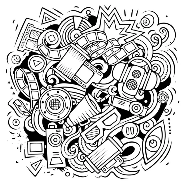 Cinema Cartoon Vector Doodle Design Line Art Detailed Composition Lot —  Vetores de Stock