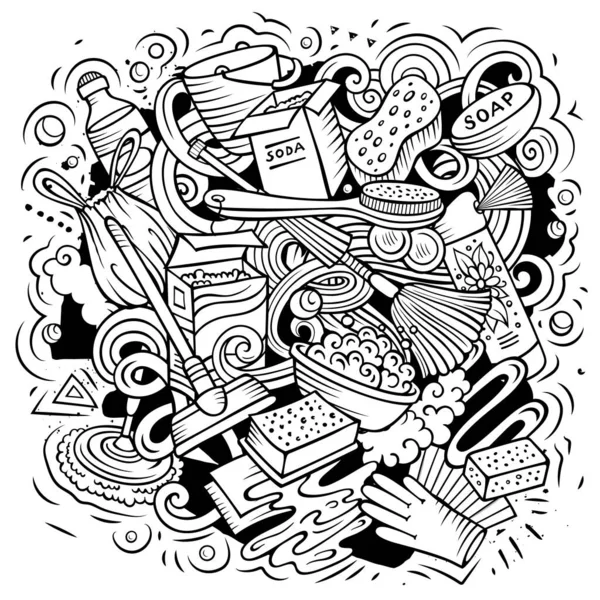 Cleaning Cartoon Vector Doodle Design Line Art Detailed Composition Lot — Vettoriale Stock