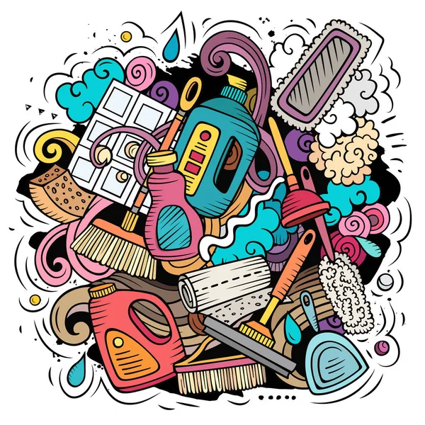 Nettoyage Dessin Animé Vecteur Conception Doodle Composition Détaillée Colorée Avec — Image vectorielle