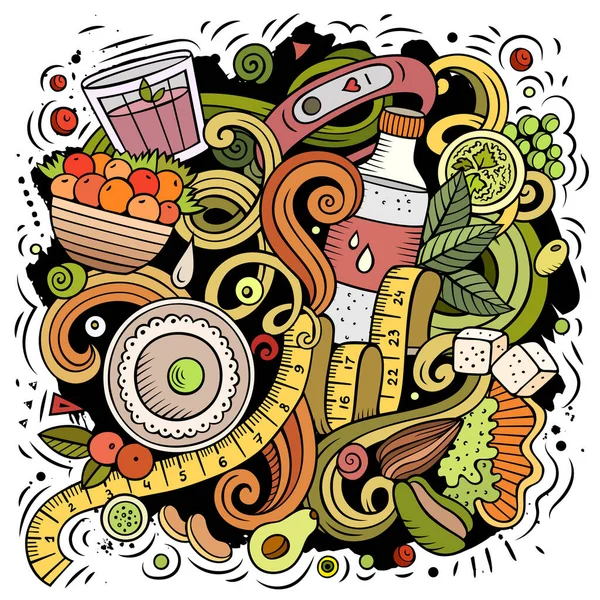 Desenhos Animados Vetor Doodles Dieta Ilustração Alimentar Colorido Detalhado Com —  Vetores de Stock