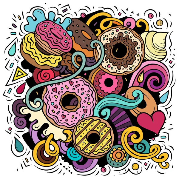 Donuts Vector Garabatos Ilustración Diseño Póster Sweets Donut Elementos Objetos — Vector de stock