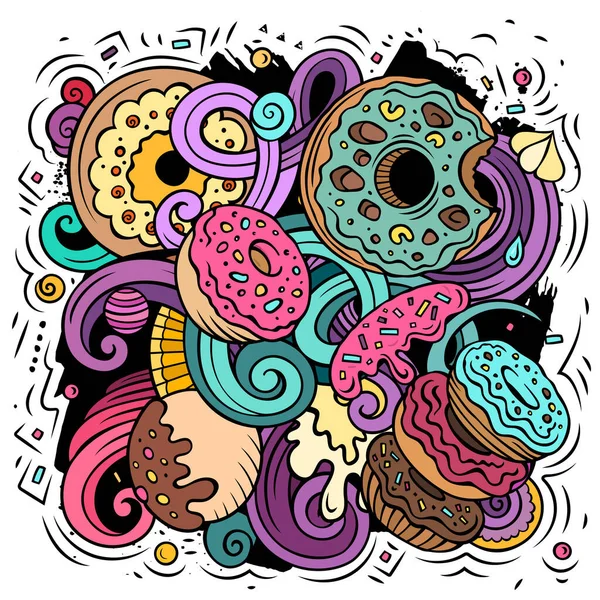 Illustration Gribouillis Vectoriels Beignets Poster Design Bonbons Doughnut Éléments Objets — Image vectorielle