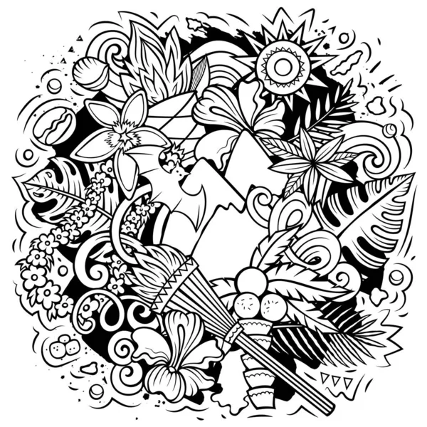 夏威夷卡通矢量涂鸦设计 线条艺术用夏威夷的许多物体和符号进行了细致的创作 所有项目都是分开的 — 图库矢量图片