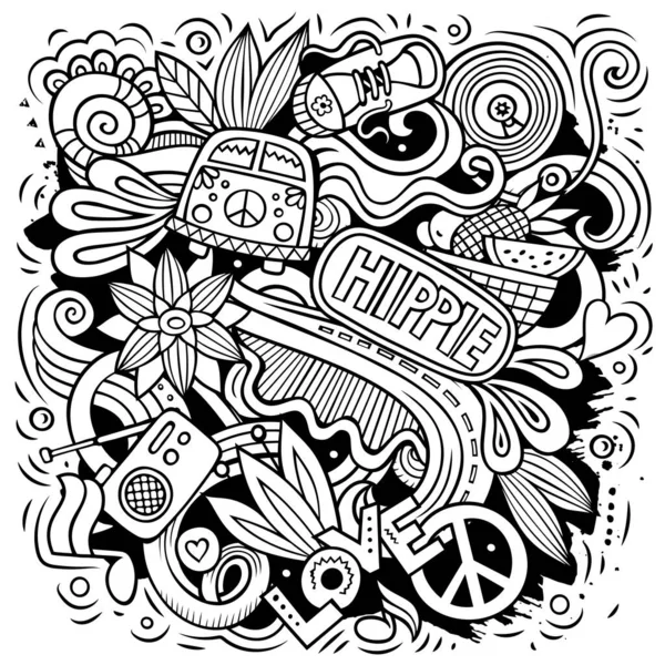 Hippie Vector Doodles Illustration Hippy Design Young People Elements Objects — Stock Vector