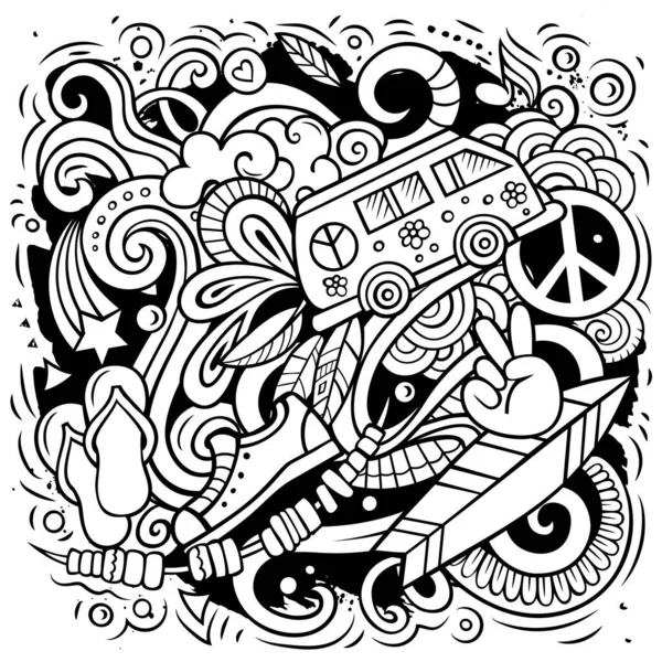 Hippie Vetor Doodles Ilustração Design Hippy Jovens Elementos Objetos Desenhos — Vetor de Stock