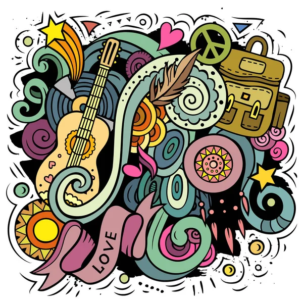 Hippie Vetor Doodles Ilustração Design Hippy Jovens Elementos Objetos Desenhos — Vetor de Stock