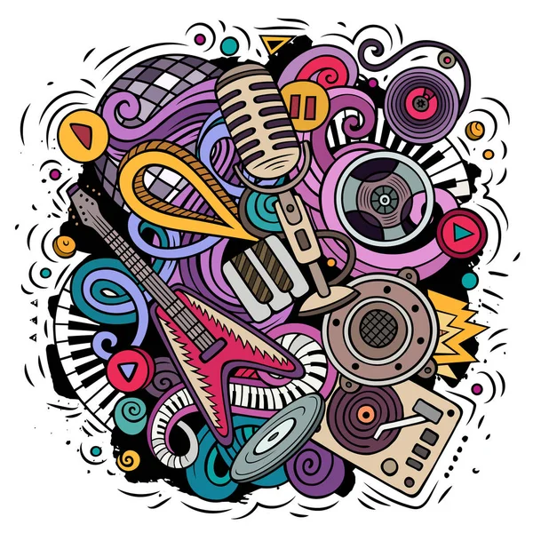 Κινούμενα Σχέδια Διάνυσμα Doodles Disco Μουσική Απεικόνιση Πολύχρωμο Λεπτομερές Φόντο — Διανυσματικό Αρχείο