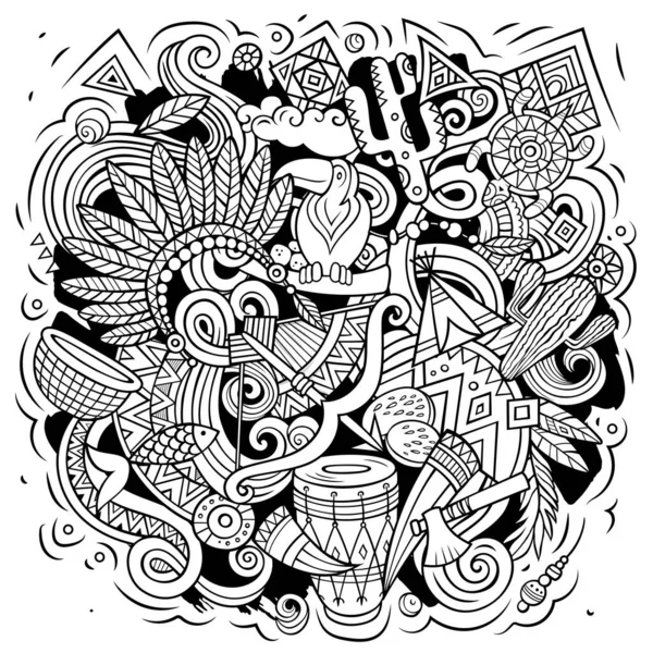 Desenho Doodle Vetor Desenho Animado Nativo Americano Composição Detalhada Esboçada — Vetor de Stock