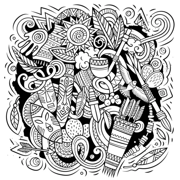 Amérindien Dessin Animé Vecteur Doodle Design Composition Détaillée Sommaire Avec — Image vectorielle