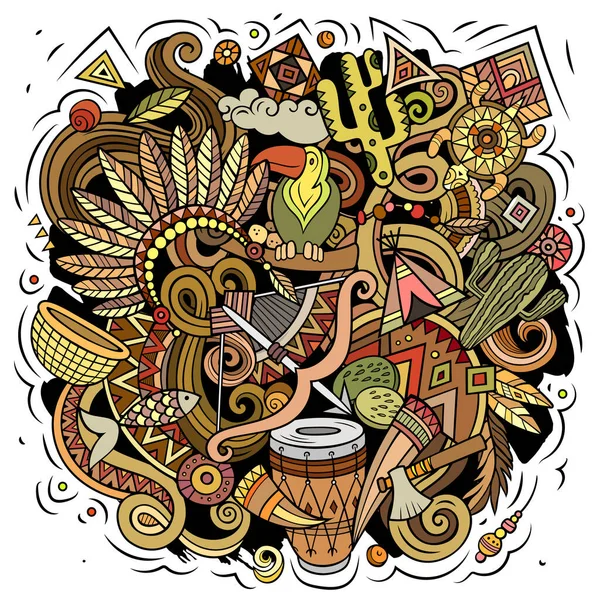 Native American Cartoon Vector Doodle Design Colorful Detailed Composition Lot — 图库矢量图片