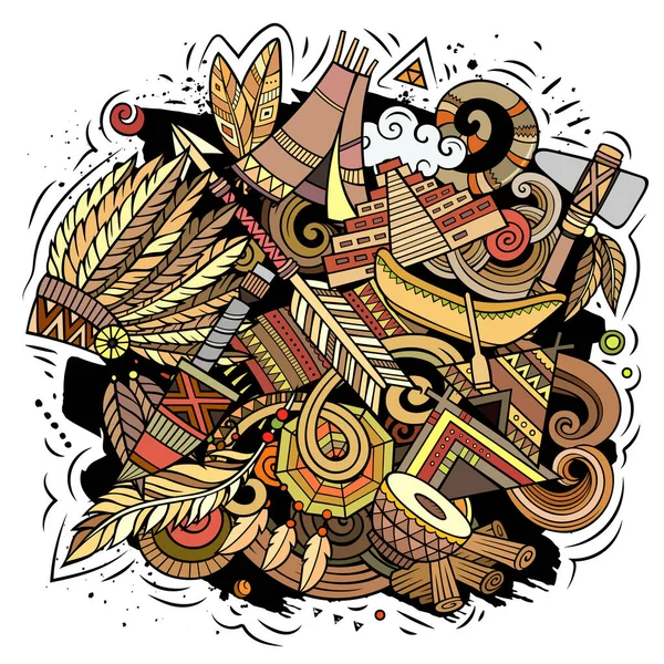 Desenho Doodle Vetor Desenho Animado Nativo Americano Composição Detalhada Colorida — Vetor de Stock