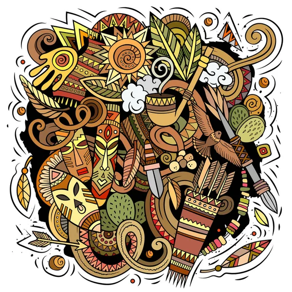 Native American Cartoon Vector Doodle Design Colorful Detailed Composition Lot — 图库矢量图片