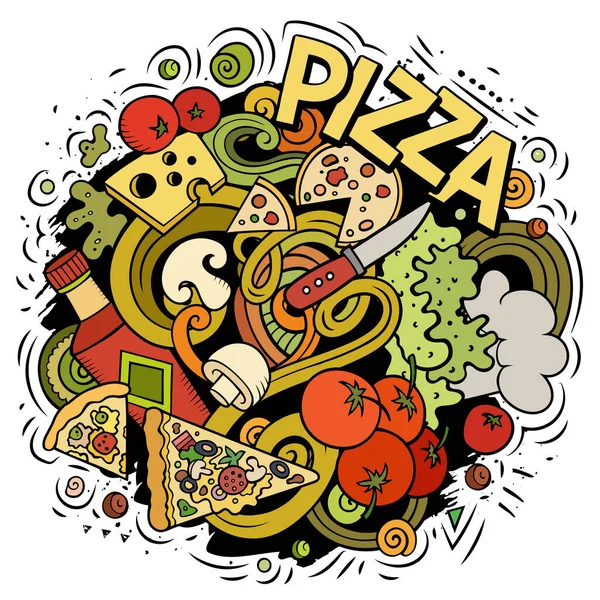 Pizza Cartoon Doodle Illustration Funny Creative Vector Background Pizzeria Elements — Stock vektor