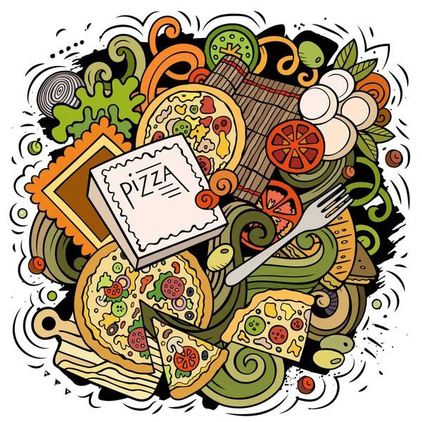 ピザ漫画のドアイラスト 面白い創造的なベクトルの背景 ピザの要素とオブジェクト カラフルな構図 — ストックベクタ