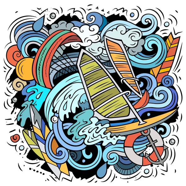 夏季体育漫画涂鸦插图 有趣的设计 创意向量背景 水上运动的元素和物体 线条艺术创作 — 图库矢量图片