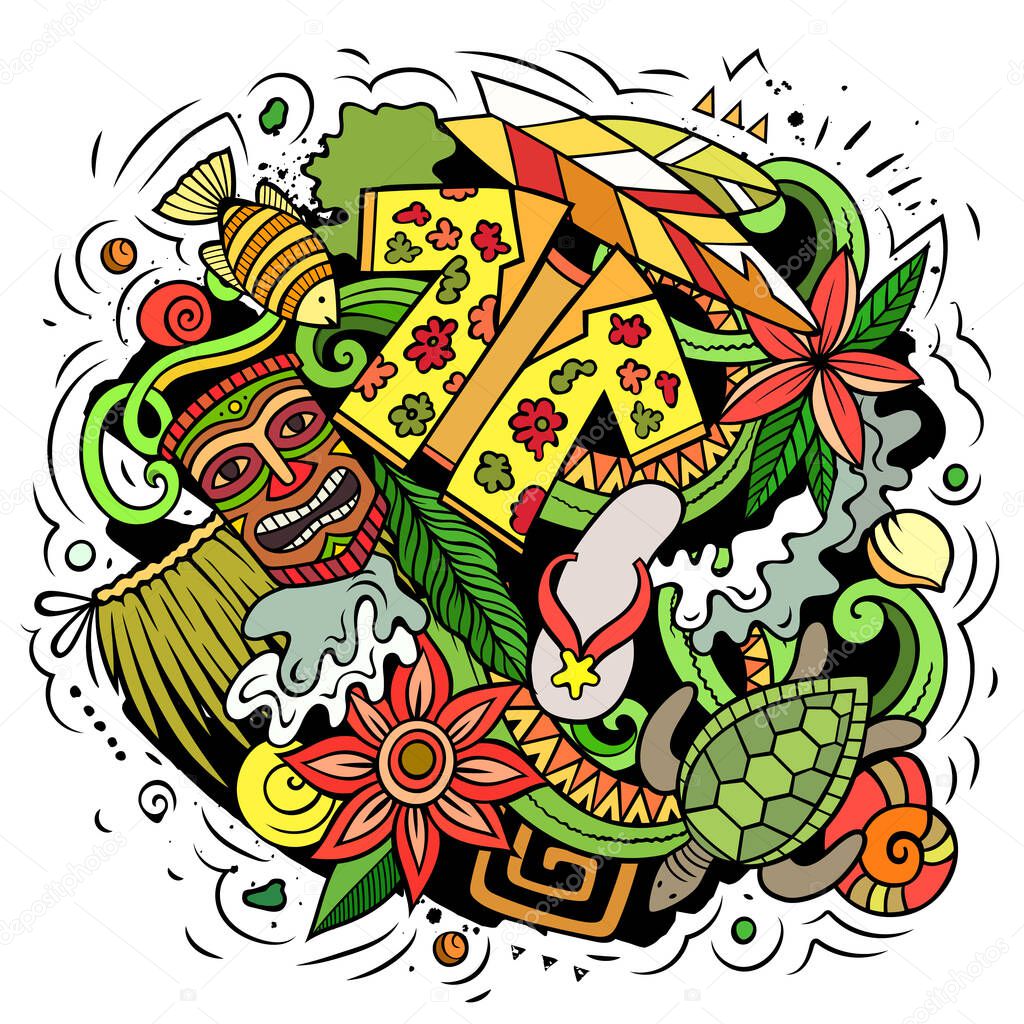 Diseño Garabatos Vectoriales Dibujos Animados Hawaii Colorida Composición  Detallada Con Vector de stock por ©3dsparrow 536130330, image size:1024x1024
