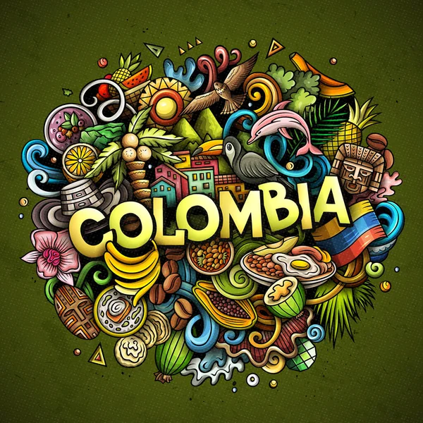 哥伦比亚手绘卡通画 有趣的哥伦比亚设计 创意光栅背景 带有拉丁美洲元素和对象的手写文本 色彩斑斓的作品 — 图库照片
