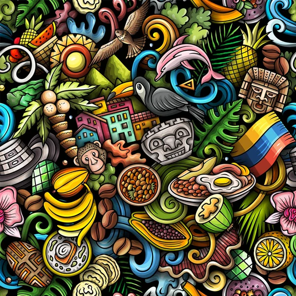 Cartoon Doodles Colombia Seamless Pattern Backdrop Colombian Culture Symbols Items — Foto Stock