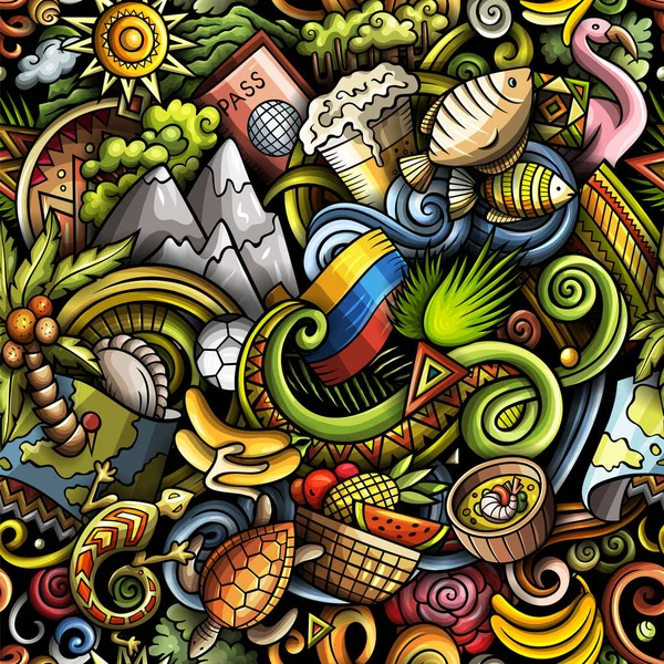 卡通涂鸦厄瓜多尔无缝图案 背靠厄瓜多尔的文化符号和物品 纺织品 壁纸印刷用色彩艳丽的背景 — 图库照片