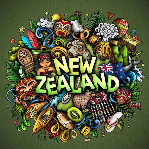Nový Zéland Ručně Kreslený Kreslený Kreslený Kreslený Obrázek Vtipný Design — Stock fotografie