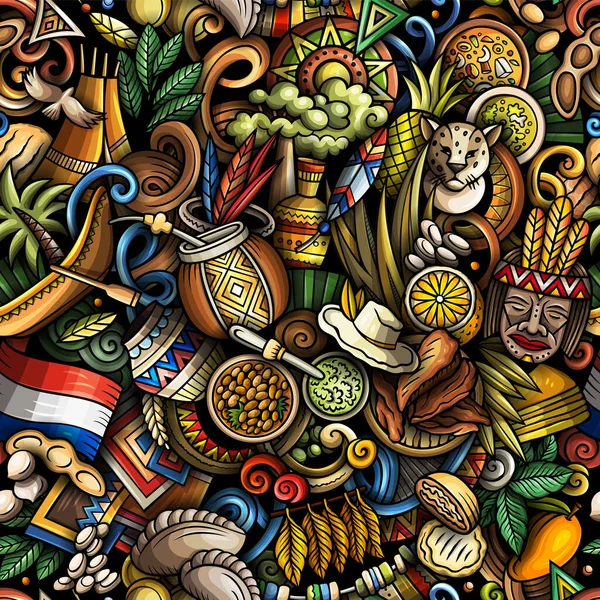 卡通涂鸦巴拉圭无缝图案 背靠拉丁美洲的文化符号和项目 纺织品 壁纸印刷用色彩艳丽的背景 — 图库照片