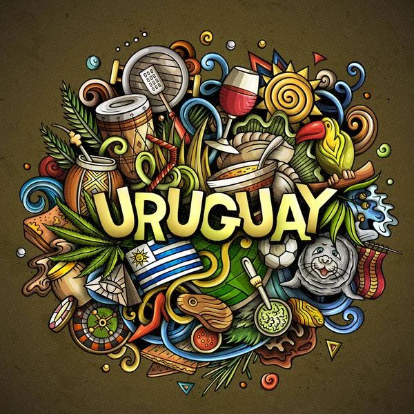 乌拉圭手绘卡通画 有趣的地方设计 创意光栅背景 带有拉丁美洲元素和对象的手写文本 色彩斑斓的作品 — 图库照片