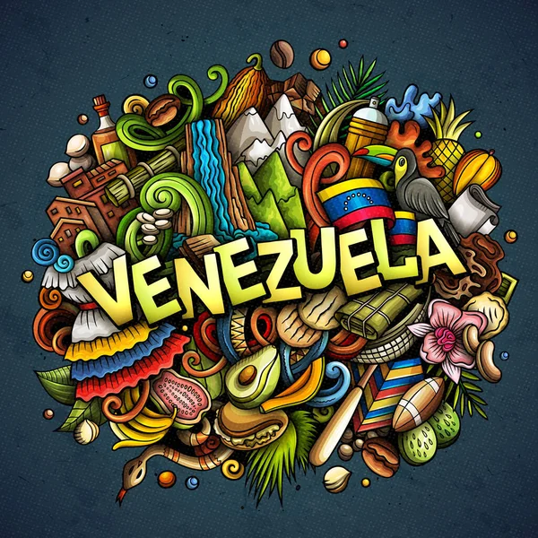 委内瑞拉手绘卡通画 有趣的地方设计 创意光栅背景 带有拉丁美洲元素和对象的手写文本 色彩斑斓的作品 — 图库照片