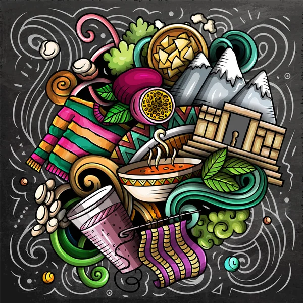 Bolivia Cartoon Raster Doodle Chalkboard Illustration Colorful Detailed Composition Lot — Stockfoto