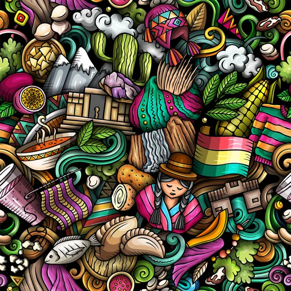 Cartoon Doodles Bolivia Seamless Pattern Backdrop Bolivian Culture Symbols Items — Stockfoto