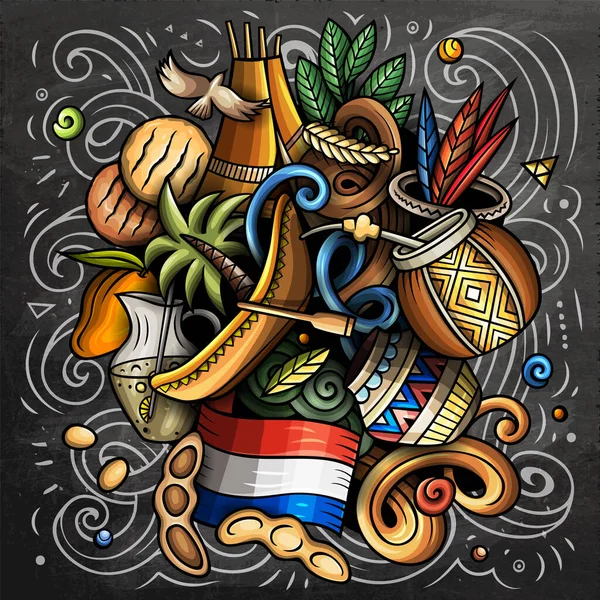 パラグアイの漫画ラスタードアのチョークボードのイラスト 伝統的なシンボルの多くとカラフルな詳細な組成 — ストック写真