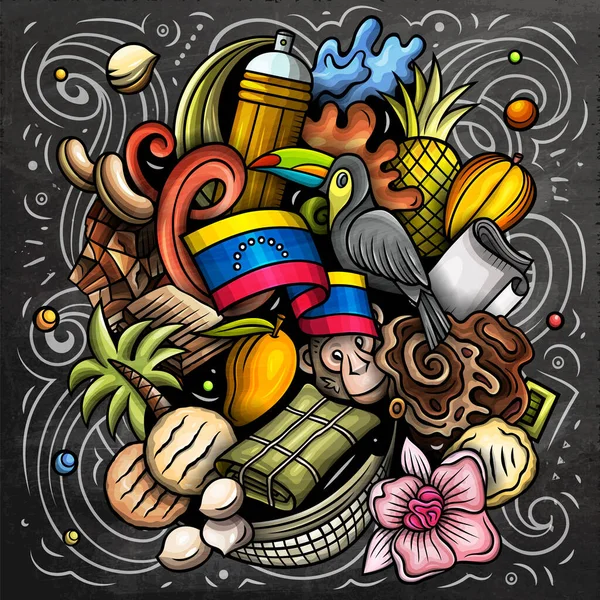 Venezuela Cartoon Raster Doodle Chalkboard Illustration Colorful Detailed Composition Lot — Stockfoto