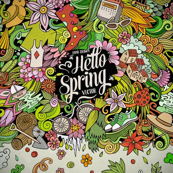 春の手描きベクトルの落書きイラスト 自然フレームデザイン 季節の要素やオブジェクト漫画の背景 明るい色面白い画像 — ストックベクタ