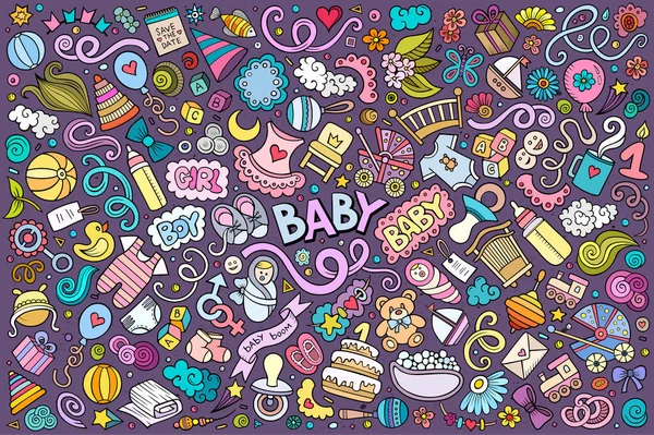 Kleurrijke Vector Hand Getekend Tekenfilm Set Van Baby Thema Items — Stockvector