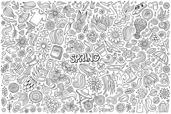 春のテーマアイテム オブジェクトとシンボルのラインアートベクトル手描きのドードル漫画セット — ストックベクタ
