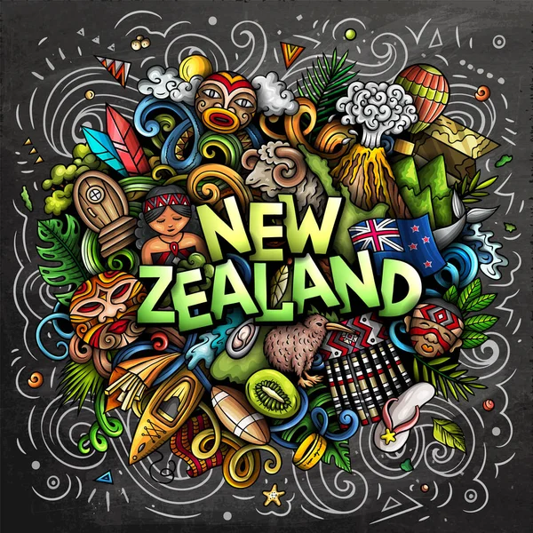 New Zealand Chalkboard Cartoon Doodle Illustration Funny Design Creative Raster — 스톡 사진