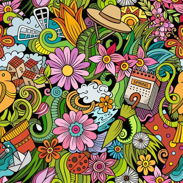 Cartoon Doodles Spring Seamless Pattern Backdrop Seasonal Symbols Items Colorful — Stock Vector