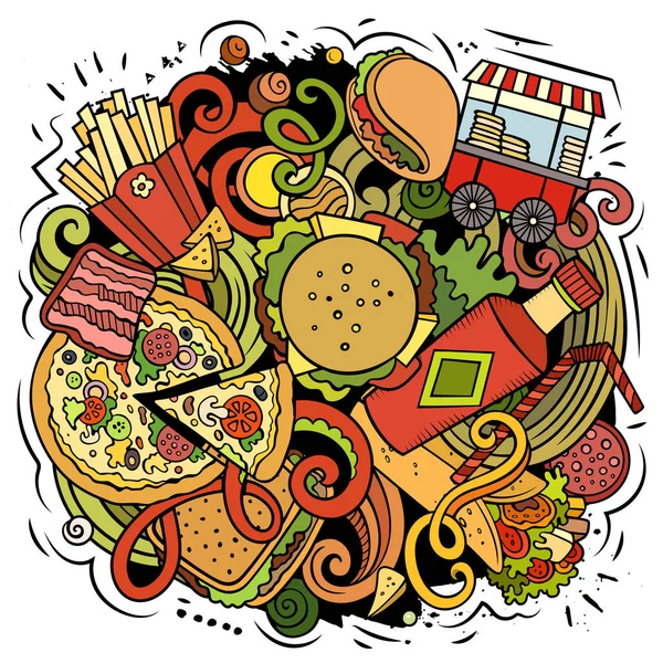 Alimento rápido dibujado a mano vector garabatos ilustración. — Vector de stock