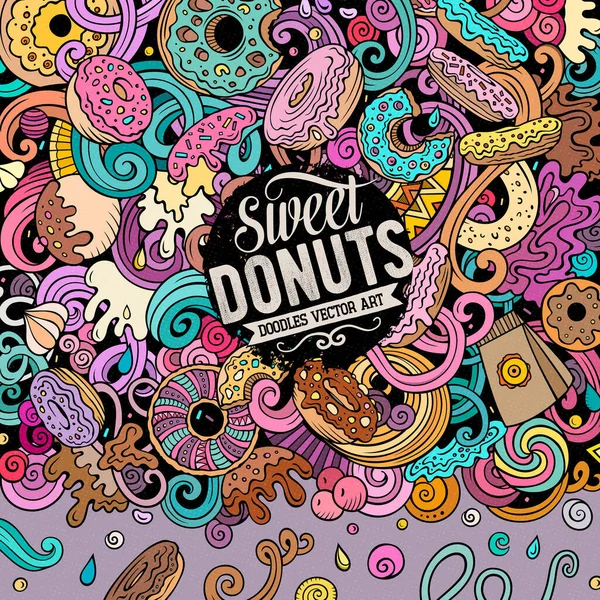 Donuts Desenho Mão Doodles Vetor Ilustração Design Cartão Quadro Doces — Vetor de Stock